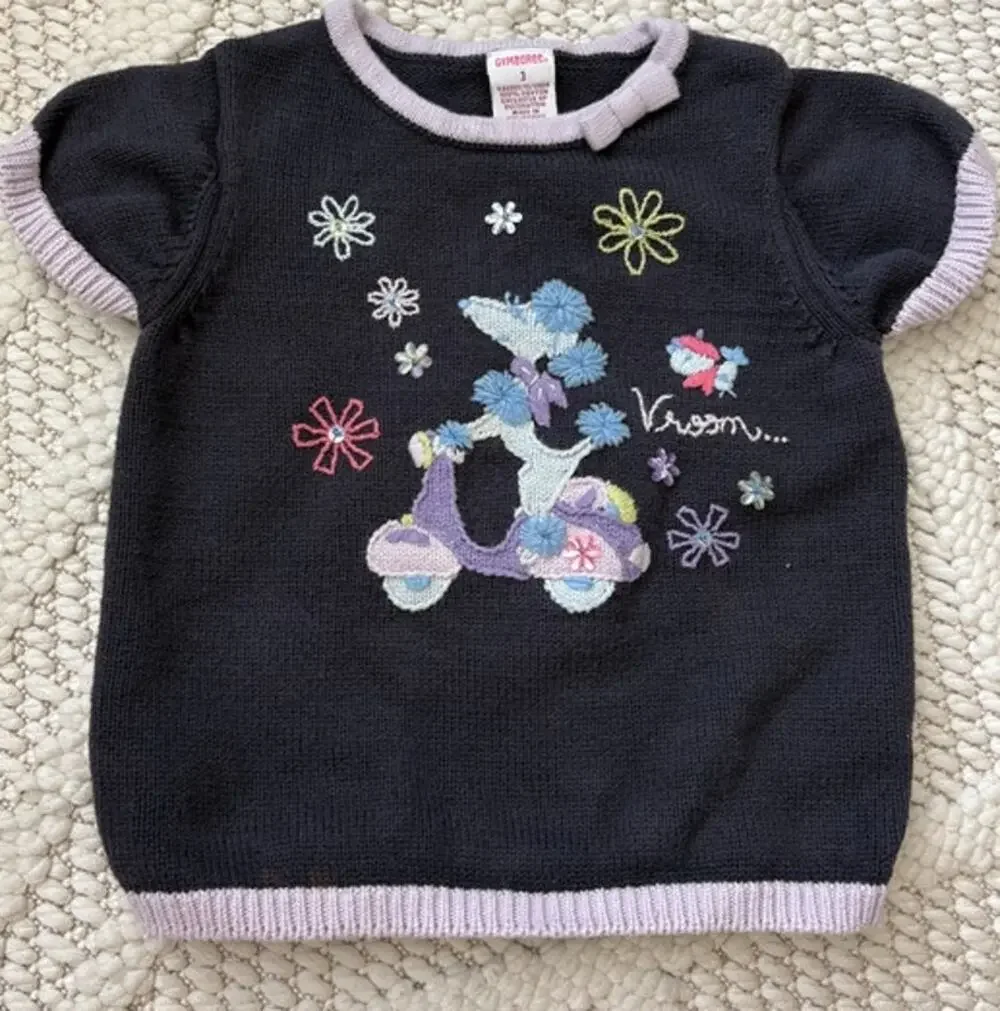 Vintage Toddler Girls Gymboree Embroidered Poodle Short Sleeve Sweater Size 3